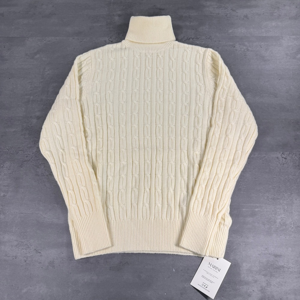 Marini Sweater Mens L Wool Blend Cable Knit Turtleneck Cream Ivory NEW Prep